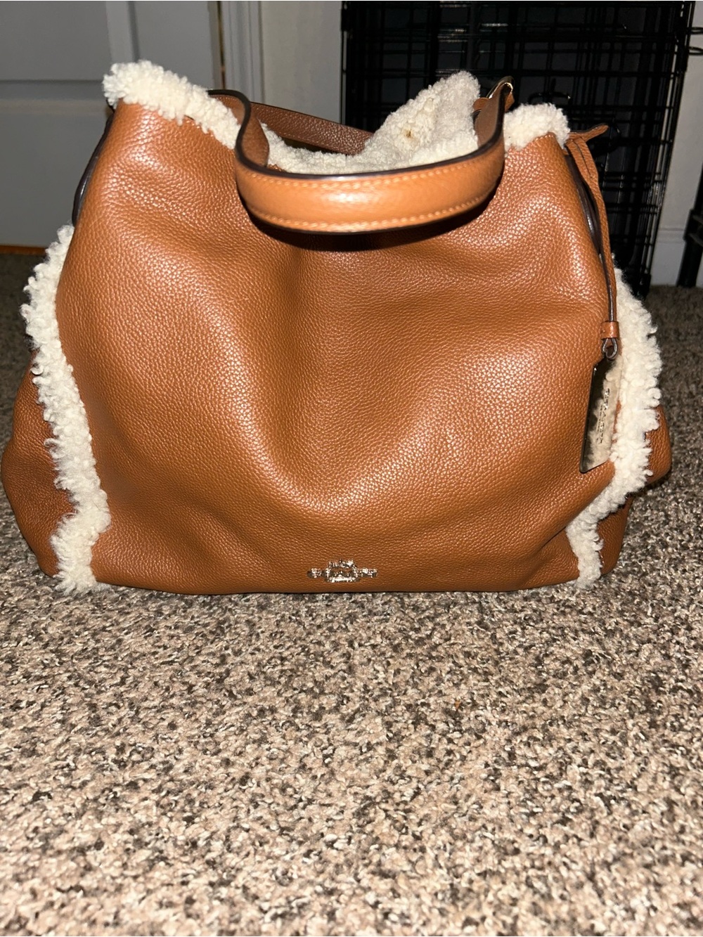 Coach Tan Leather Shoulder Bag with Cream Shearling Trim